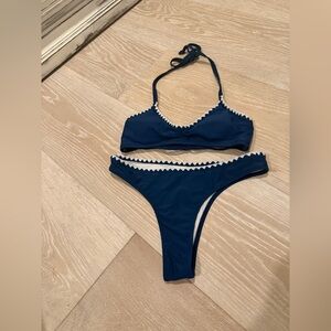 Navy Blue Bikini Set with White Trim